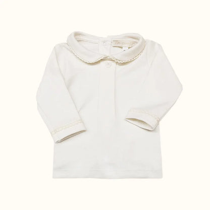 Camisola de bebé bege com gola vintage e manga comprida, ideal para verão