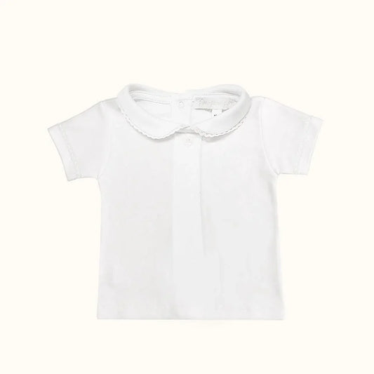 Camisola branca de bebé com manga curta e gola vintage, algodão suave para verão.