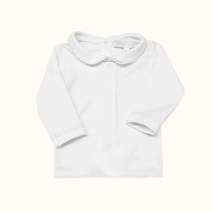 Camisola de bebé branca com gola vintage e mangas compridas, ideal para verão