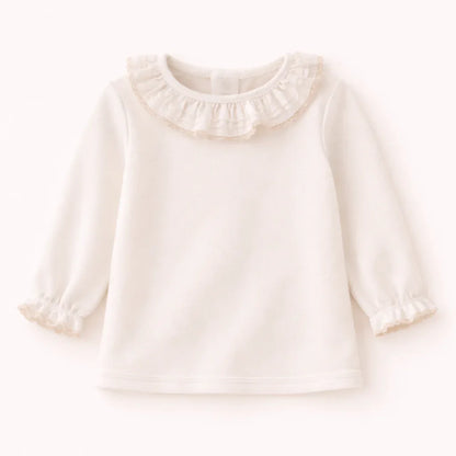 Camisola de bebé bege de manga comprida em algodão, com gola e punhos em folho e renda bege, confortável e ideal para bebés dos 12 meses aos 48 meses