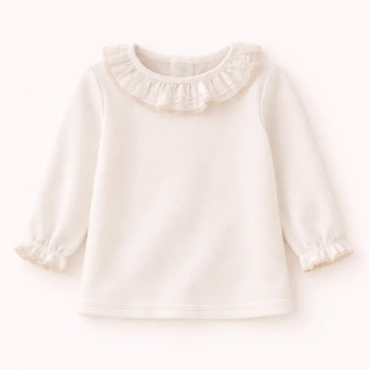 Camisola de bebé bege de manga comprida em algodão, com gola e punhos em folho e renda bege, confortável e ideal para bebés dos 12 meses aos 48 meses