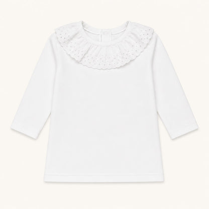 Camisola de bebé menina algodão com gola bordado inglês branco, confortável e pratico para todas as ocasiões
