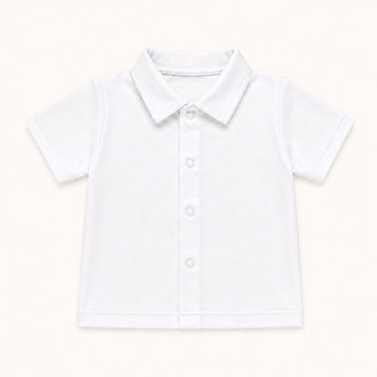 Camisola de manga curta em malha de algodão suave branco com gola em popeline a combinar