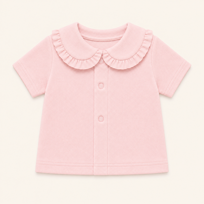 camisola de gola sweet rosa, em algodão, manga curta, muito confortável e prático para bebés dos 12 meses aos 48 meses