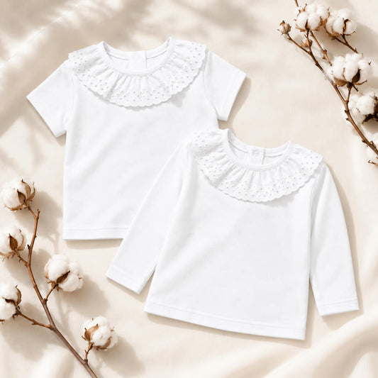 duas camisola para bebé de gola em bordado inglês bonny super confortáveis, uma com manga curta e outra de manga comprida