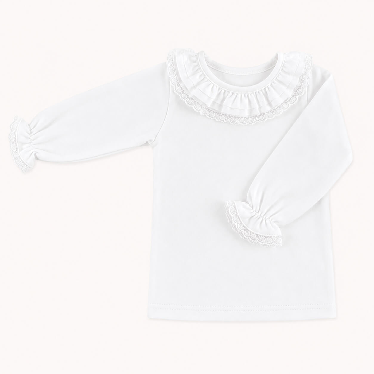 camisola de gola para bebé com gola folho branco e renda candy branca, malha super macia e sem etiquetas irritantes no decote.