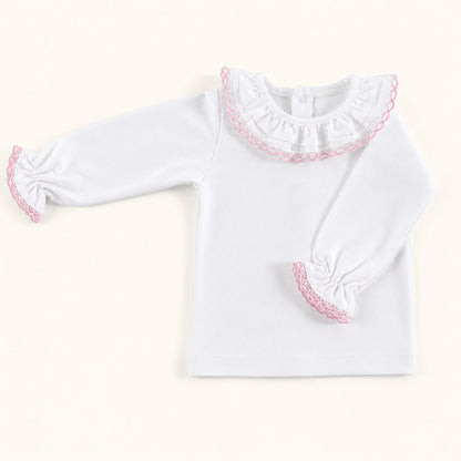camisola de gola para bebé com gola folho branco e renda candy rosa, malha super macia e sem etiquetas irritantes no decote.