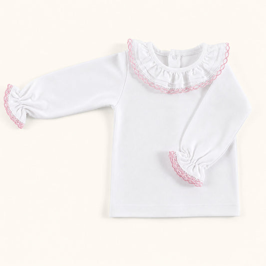 camisola de gola para bebé com gola folho branco e renda candy rosa, malha super macia e sem etiquetas irritantes no decote.