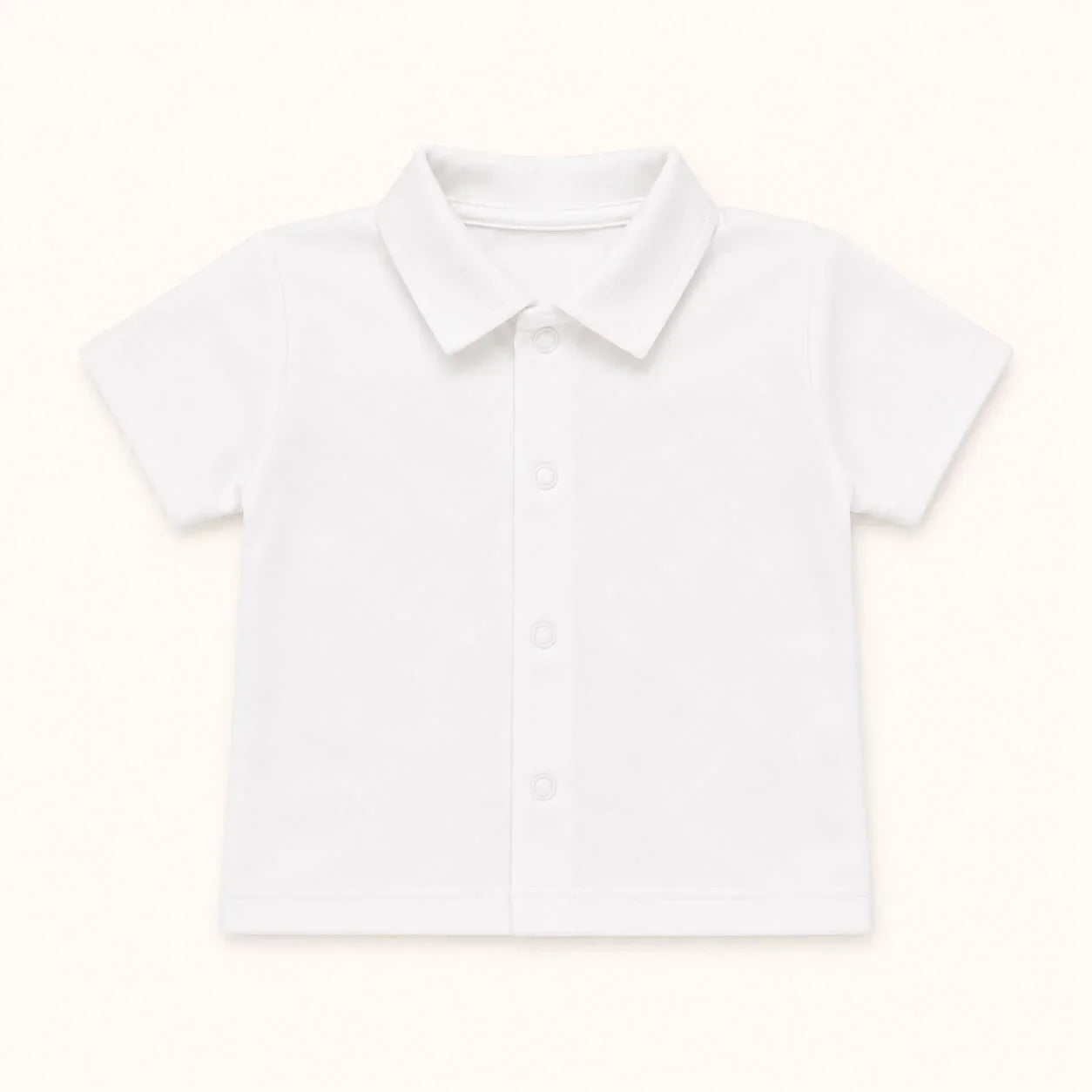 Camisa branca de bebé com molas e gola de camisa, manga curta, ideal para o verão e dias quentes