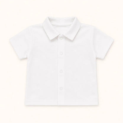 Camisa branca de bebé com molas e gola de camisa, manga curta, ideal para o verão e dias quentes