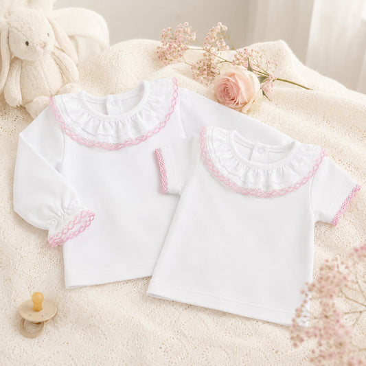 2 camisolas de gola para bebé com gola folho branco com renda rosa, malha super macia e sem etiquetas irritantes no decote 