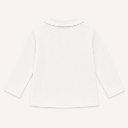 costas de camisola de gola camisa sweet branco, manga comprida, 100% algodão macio e confortável, ideal para quando deixar a fralda