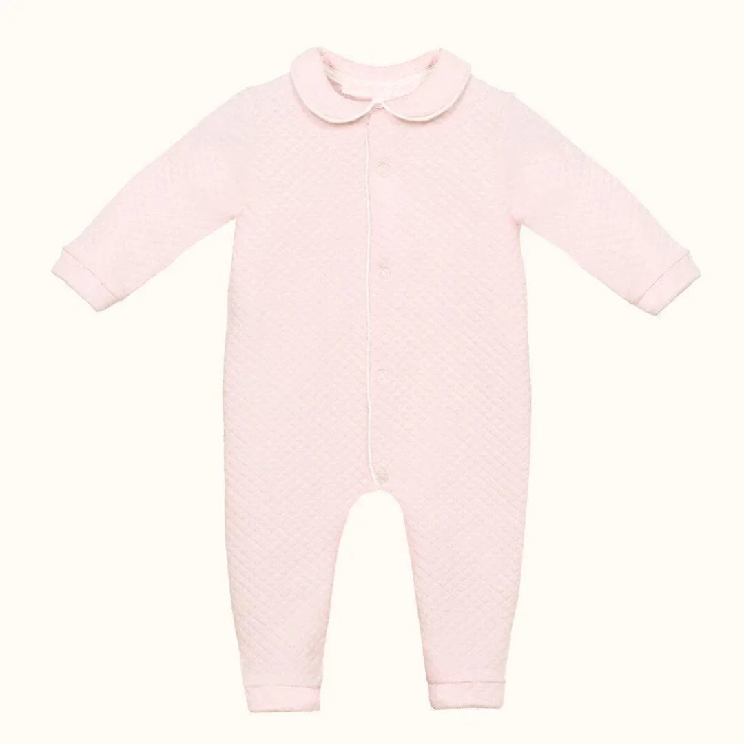 babygrow rosa claro de manga comprida para bebé, tecido texturizado, com gola redonda
