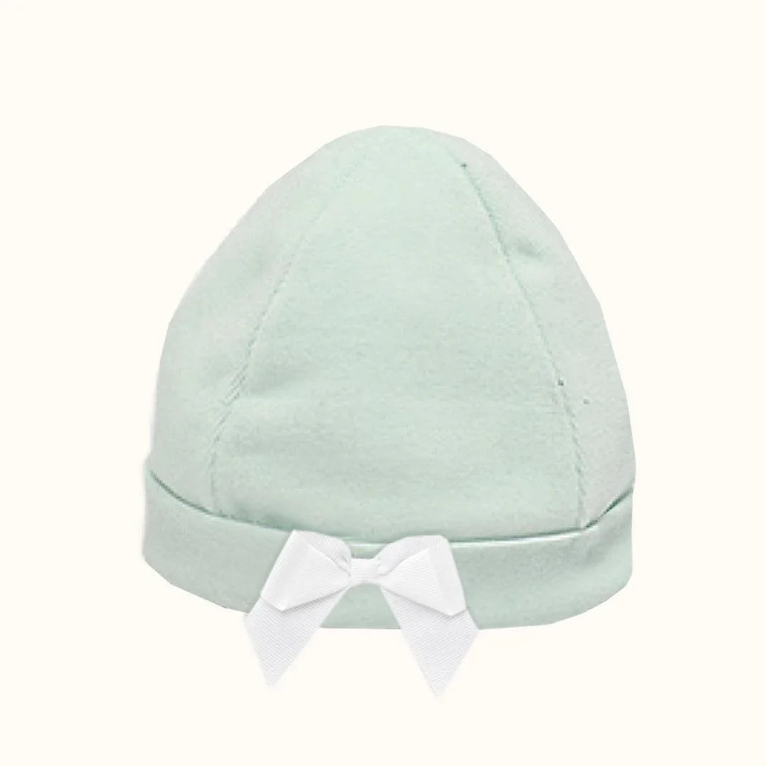gorro suave verde-claro para bebé com laço branco, ideal para recém-nascidos
