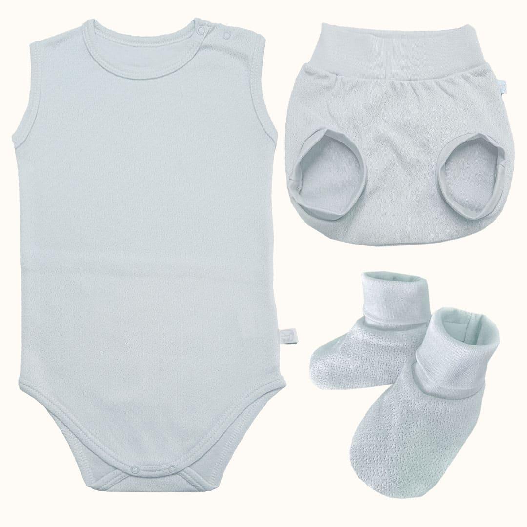 Conjunto Soft Moves: Body Sem Mangas, Tapa Fraldas e Pantufas Azul - Pim-Pam-Pum Baby