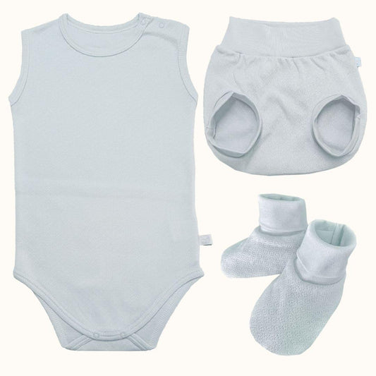 Conjunto Soft Moves: Body Sem Mangas, Tapa Fraldas e Pantufas Azul - Pim-Pam-Pum Baby