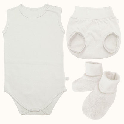 Conjunto Soft Moves: Body Sem Mangas, Tapa Fraldas e Pantufas Bege - Pim-Pam-Pum Baby