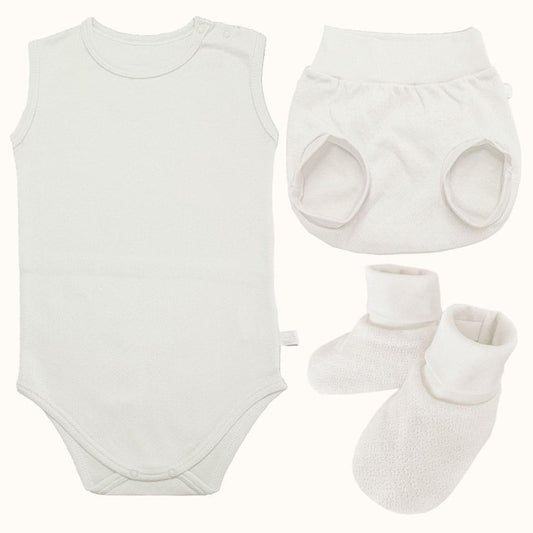 Conjunto Soft Moves: Body Sem Mangas, Tapa Fraldas e Pantufas Bege - Pim-Pam-Pum Baby