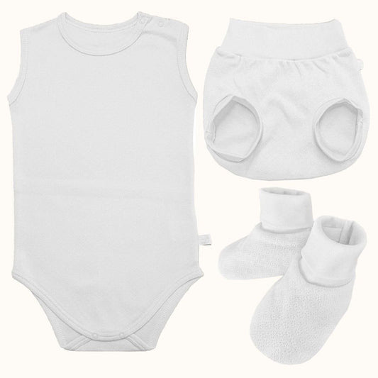 Conjunto Soft Moves: Body Sem Mangas, Tapa Fraldas e Pantufas Branco - Pim-Pam-Pum Baby