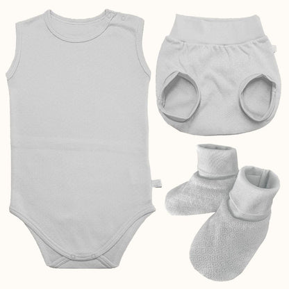 Conjunto Soft Moves: Body Sem Mangas, Tapa Fraldas e Pantufas Cinza - Pim-Pam-Pum Baby