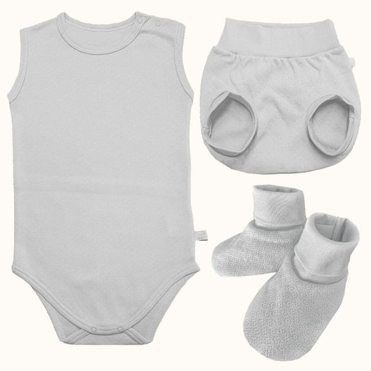 Conjunto Soft Moves: Body Sem Mangas, Tapa Fraldas e Pantufas Cinza - Pim-Pam-Pum Baby