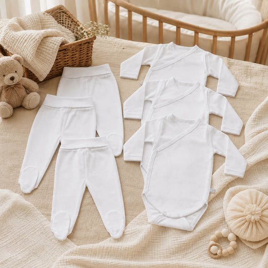 Kit Recém-Nascido em Algodão Branco – 3 Bodies + 3 Calças para Bebé Confortável
