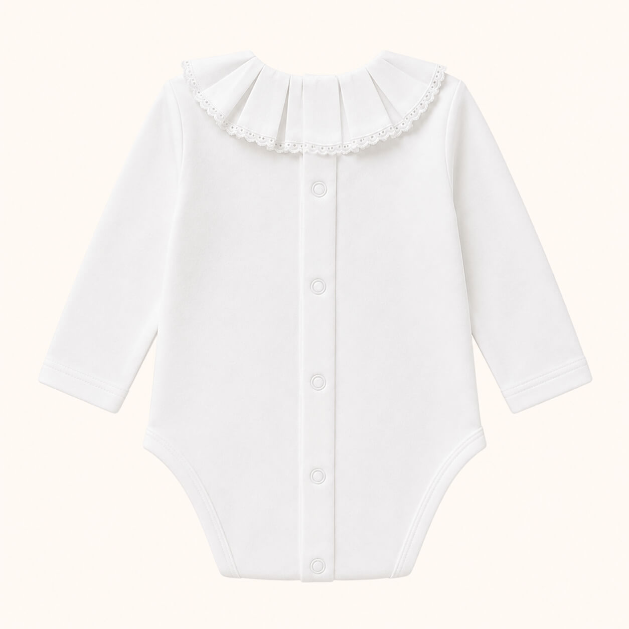 costas body de gola classic branco com gola em bordado inglês, manga comprida, tudo em algodão, a apertar de cima a baixo para facilitar a muda da roupa