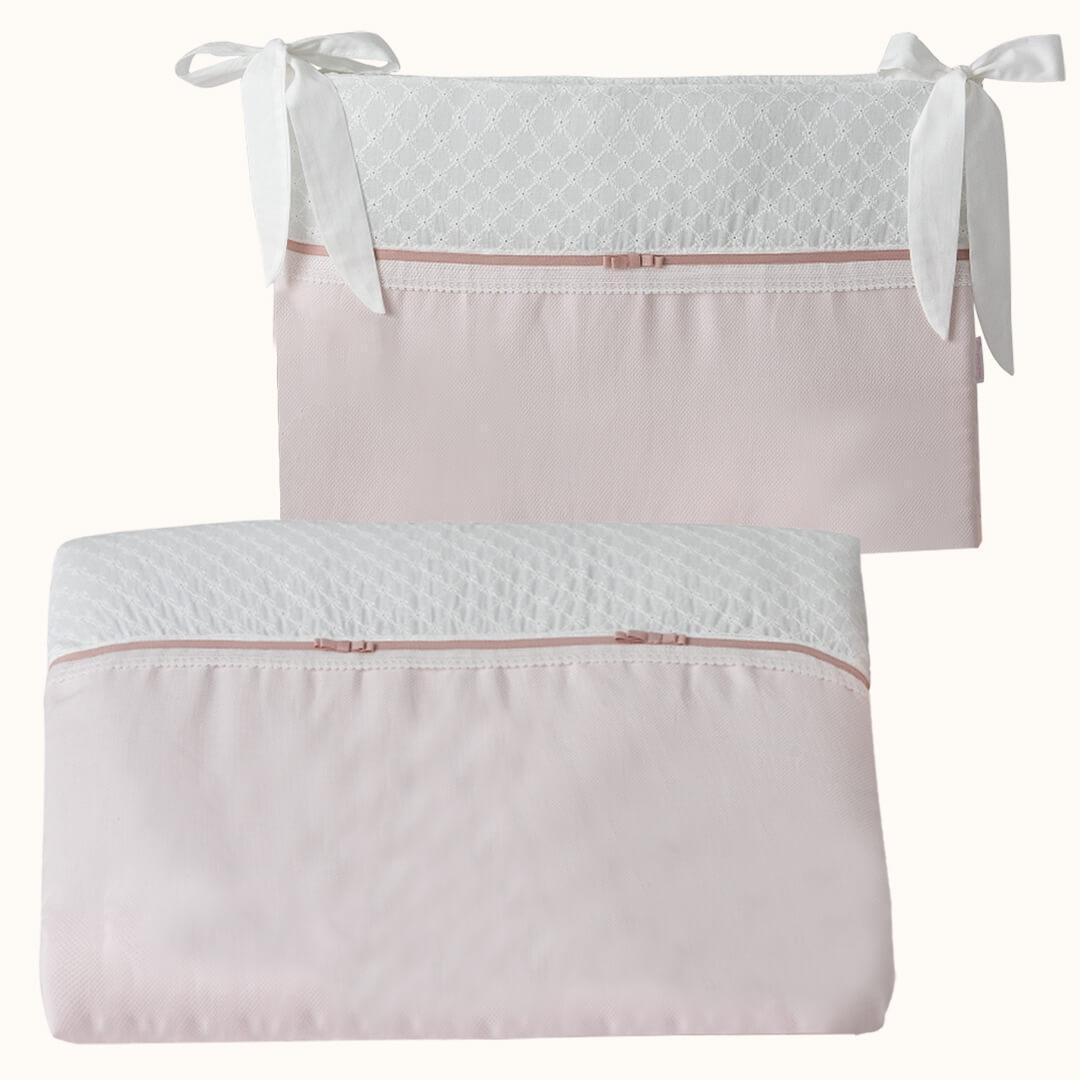 Edredom e resguardo para berço rosa e branco, com laços decorativos, roupa de bebé