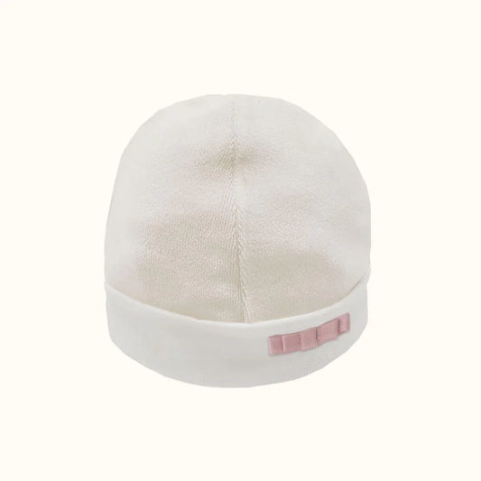 Gorro para bebé em veludo, forrado a malha suave em Bege com laço em rosa velho