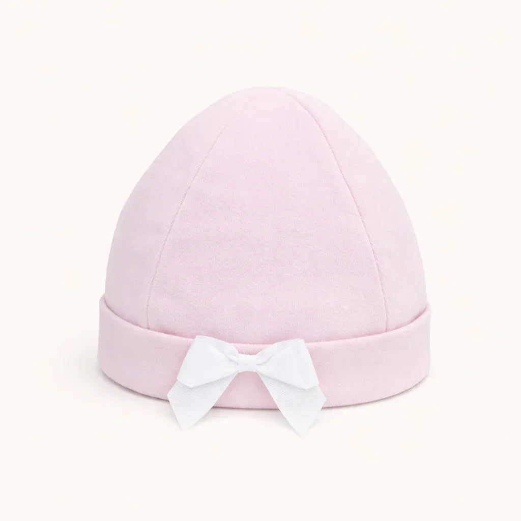 gorro rosa para bebé em algodão, com laço branco na frente, ideal para recém-nascidos