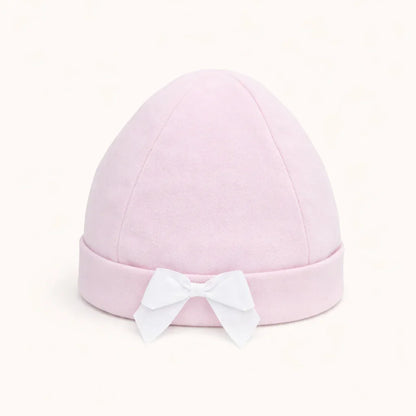 gorro rosa para bebé em algodão, com laço branco na frente, ideal para recém-nascidos