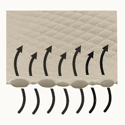 Malha respirável bege com padrão diamante e setas ilustrando ventilação e conforto