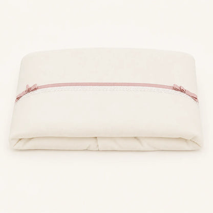 manta de bebé bege com fita rosa e laços, enxoval para recém-nascido