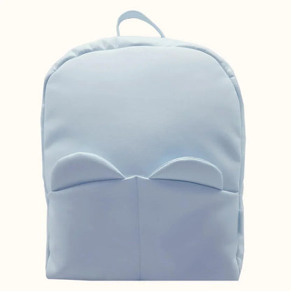Mochila maternidade azul clara com bolsos frontais e detalhe de orelhas, estilo infantil.