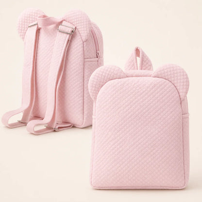 Mochila rosa bebé acolchoada com orelhas, ideal para crianças e enxoval de recém-nascido.