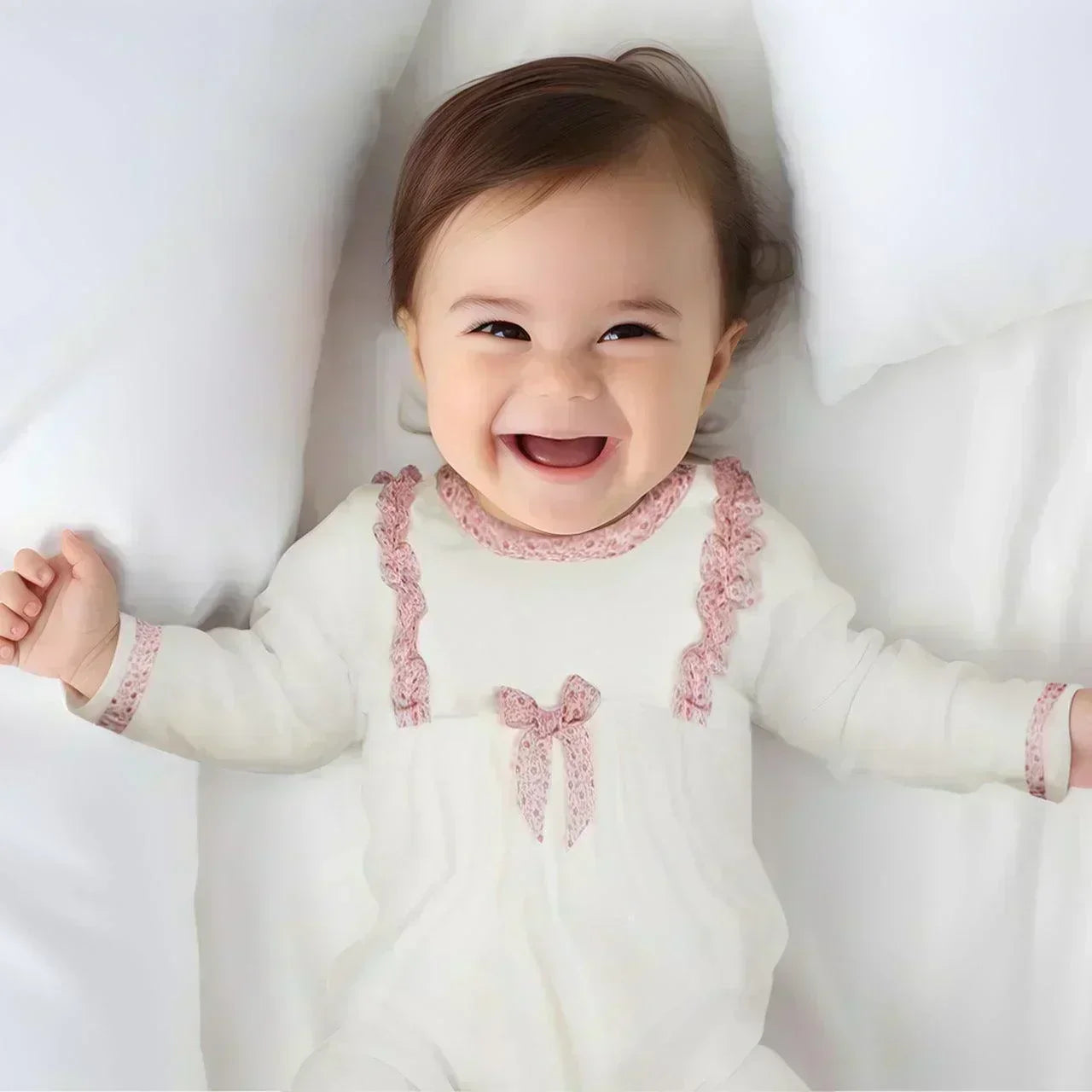 bebê sorrindo deitado, vestindo macacão branco com detalhes rosa, roupa confortável para recém-nascido