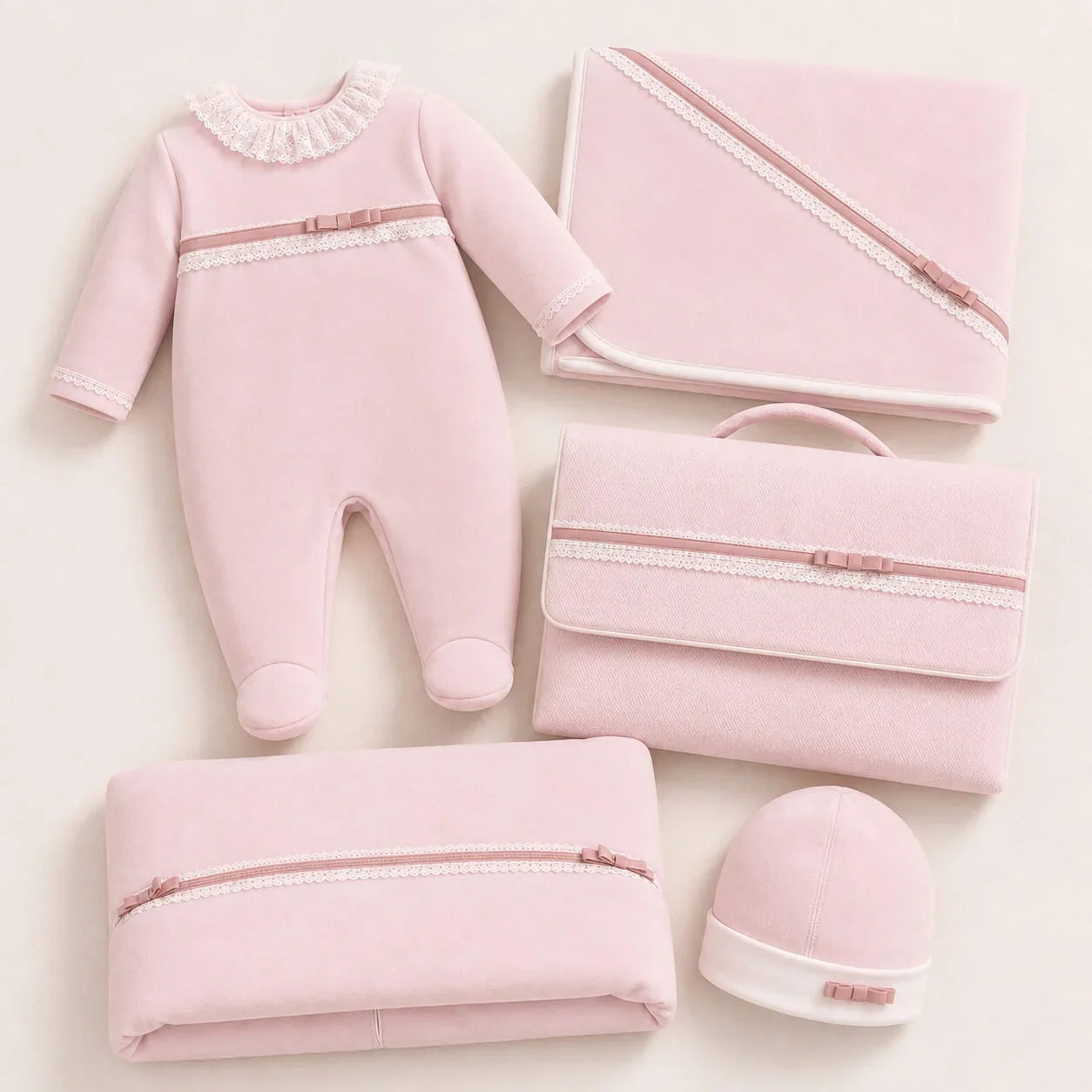 Conjunto de roupa de bebé rosa com detalhes em renda e laços, ideal para recém-nascidos