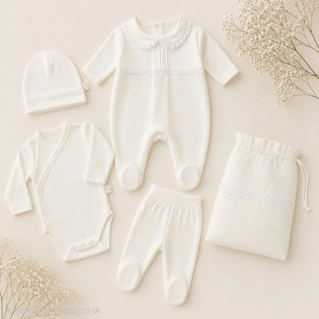 Conjunto de roupa de bebé bege com detalhes em renda, ideal para recém-nascidos, composto por babygrow, body, calças, gorro e saquinho para guardar tudo