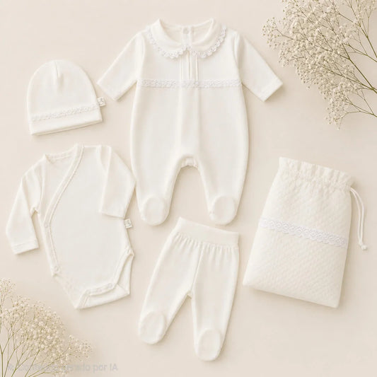 Conjunto de roupa de bebé bege com detalhes em renda, ideal para recém-nascidos, composto por babygrow, body, calças, gorro e saquinho para guardar tudo