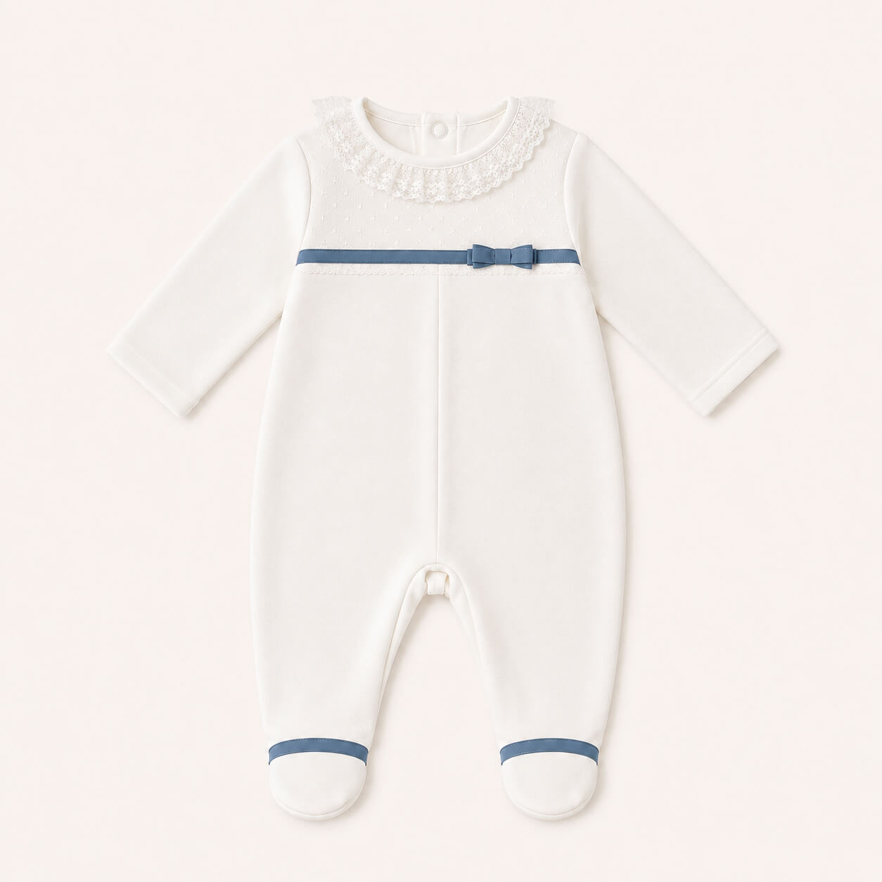 Babygrow com Renda Romantic bege, Fita e Laço Azul