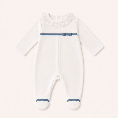 Babygrow com Renda Romantic bege, Fita e Laço Azul
