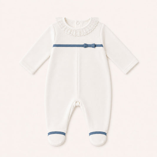 Babygrow com Renda Romantic bege, Fita e Laço Azul