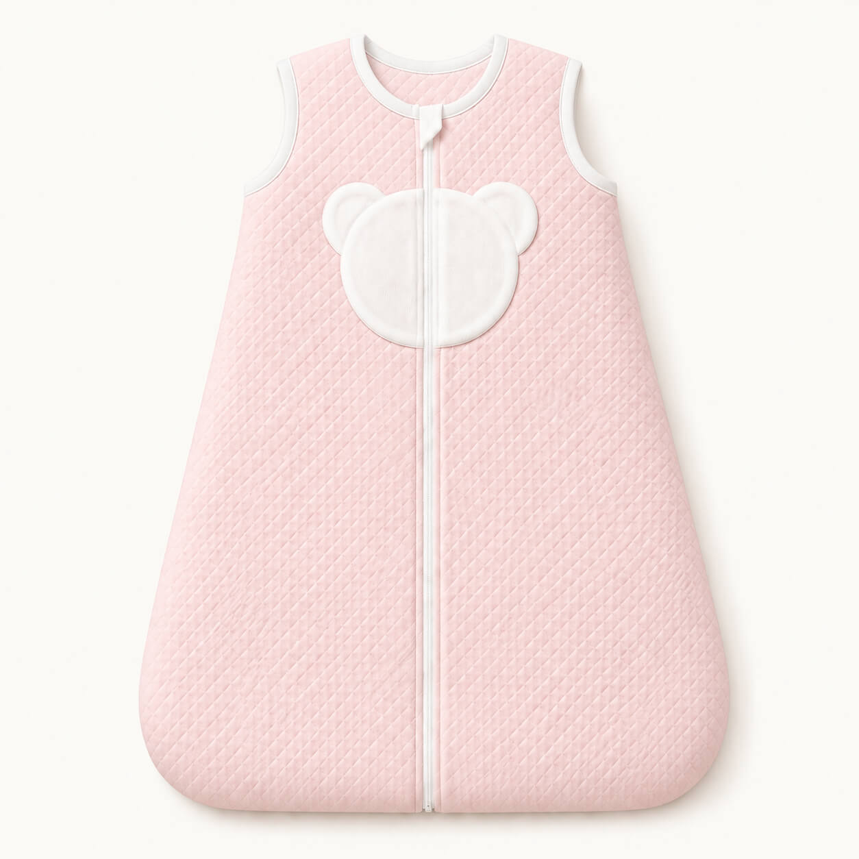Saco de dormir rosa para bebé com detalhe de urso branco, ideal para recém-nascidos