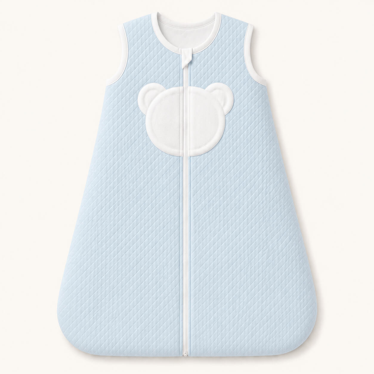 Saco de dormir azul claro para bebé com detalhe de urso branco, ideal para recém-nascidos