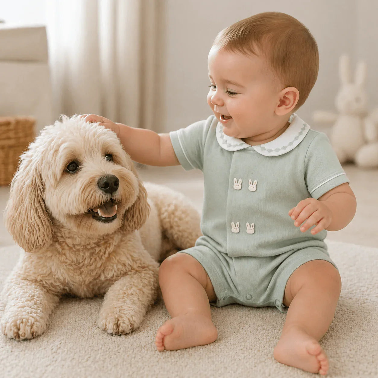 bebê sorrindo sentado no tapete acariciando cão, vestindo roupa de algodão com coelhinhos bordados