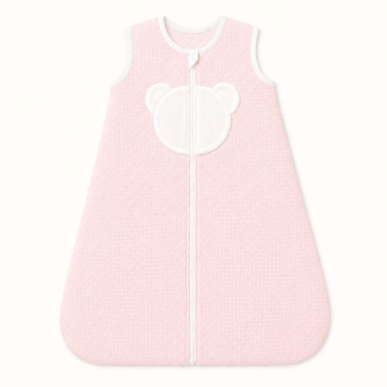 Saco de dormir rosa para bebé com detalhe de urso branco, ideal para recém-nascidos