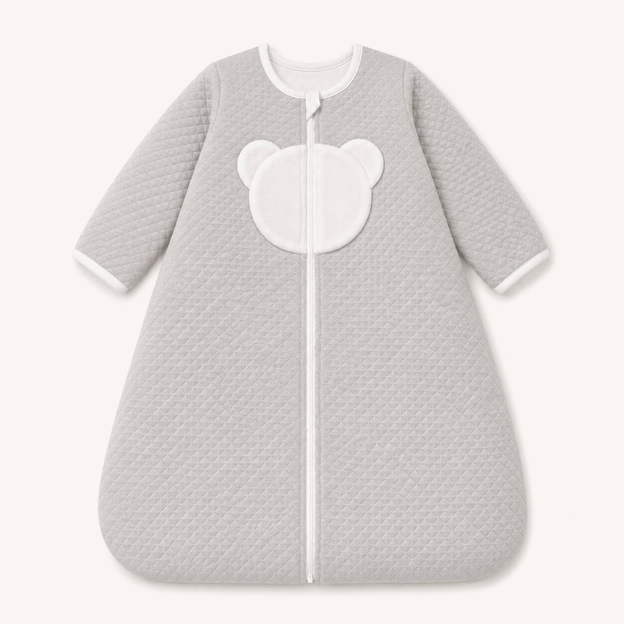 Macacão de bebê cinza com aplique de urso branco, ideal para recém-nascidos