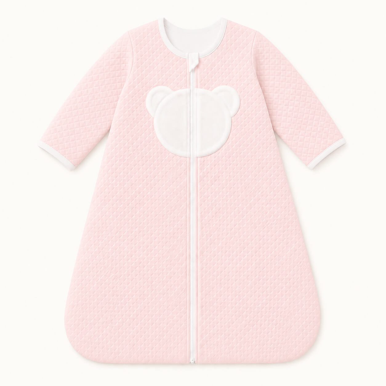 Macacão rosa para bebê com detalhe de urso branco e zíper frontal