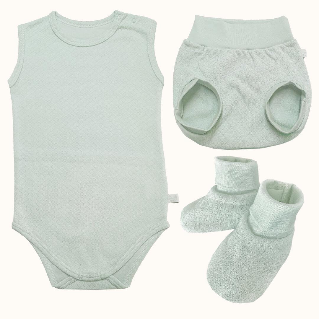 Roupa Soft Moves: Body Sem Mangas, Tapa Fraldas e Pantufas Verde - Pim-Pam-Pum Baby