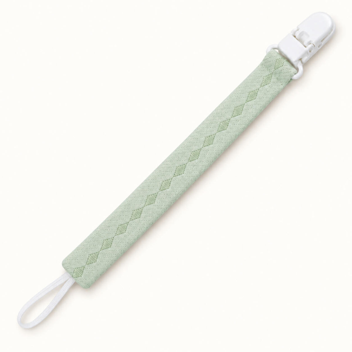 suporte de chupetas ideal para bebé com medidas certas e peso conforme as normas, em algodão verde e bordado